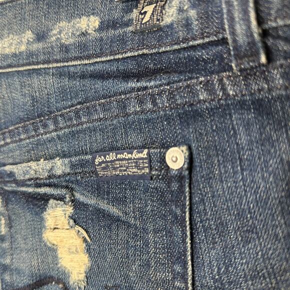 7 For All Mankind Dark Blue Distressed Low Rise Raw Hem Jean Shorts 29 - Picture 8 of 14